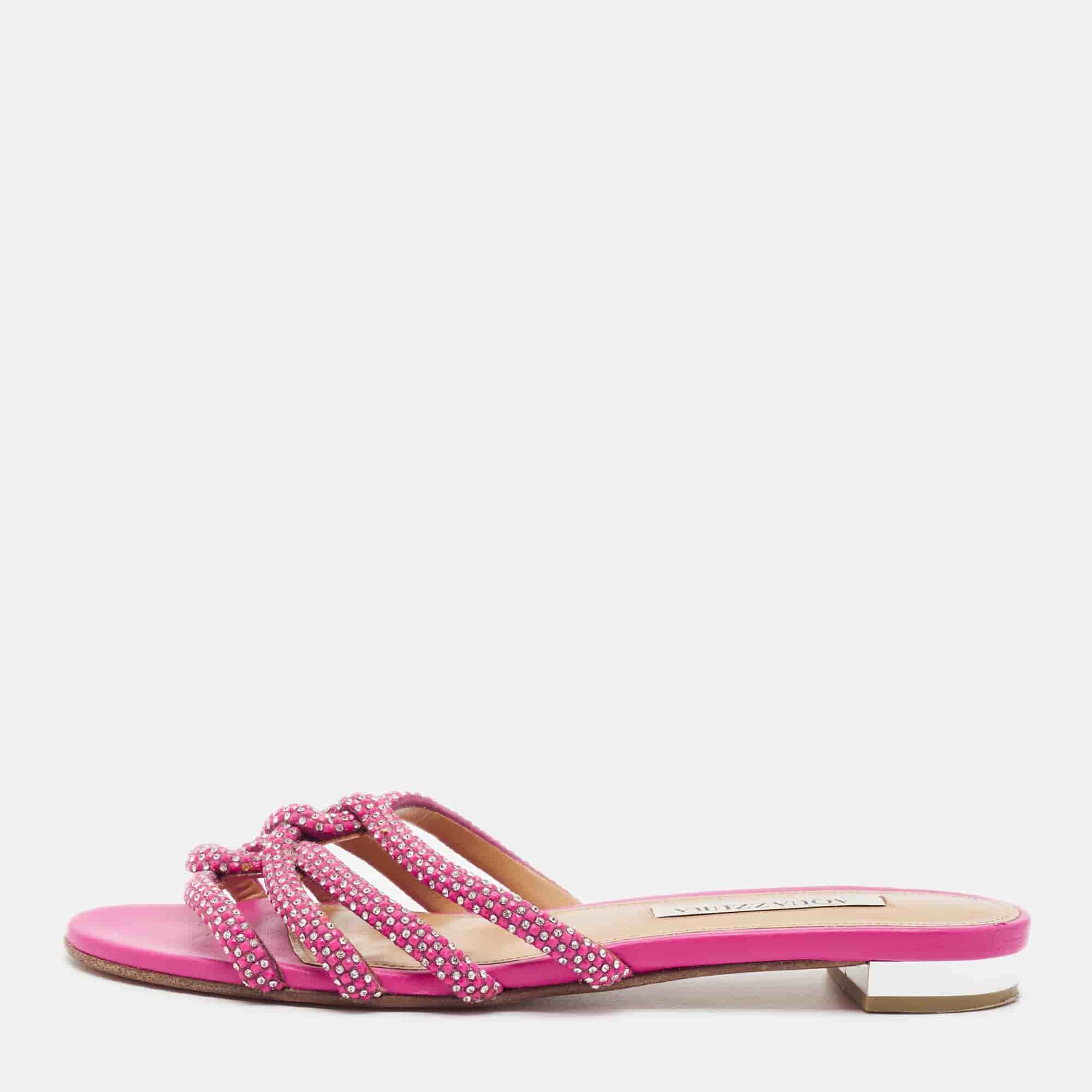 Aquazzura Moondust Size 38.5 Pink Leather Crystal Embellished  Flat Slide