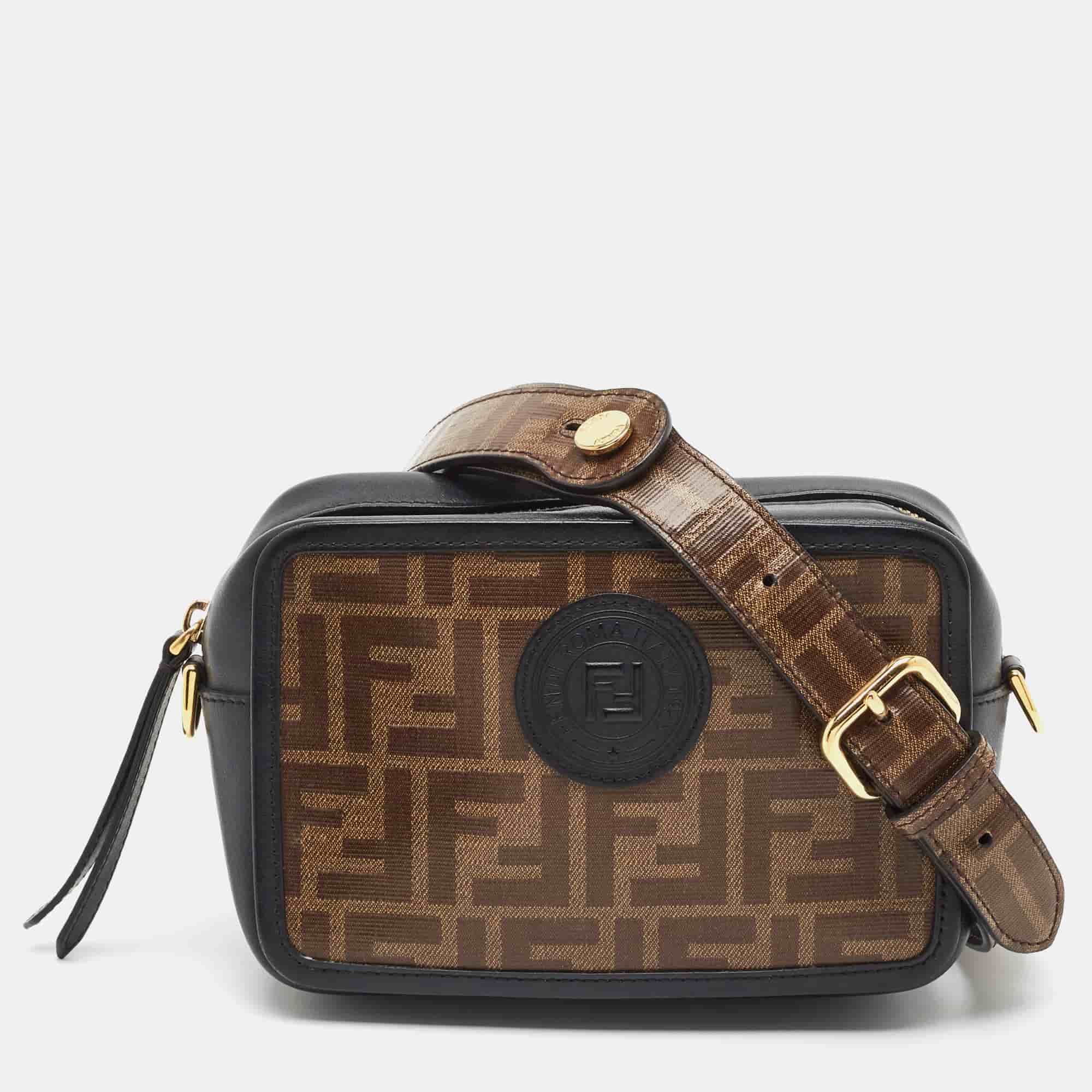 Fendi 1974 Stamp Patch Black/Tobacco Zucca Coated Canvas and Leather Camera Bag