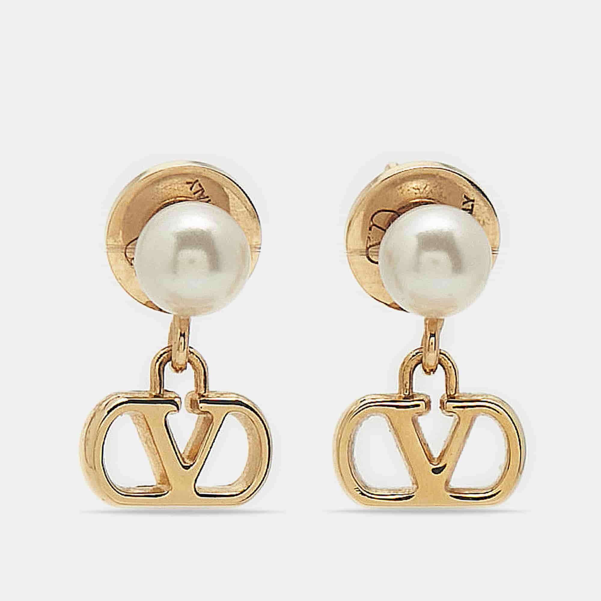 Valentino VLogo Signature Faux Pearl Gold Tone Drop Earrings