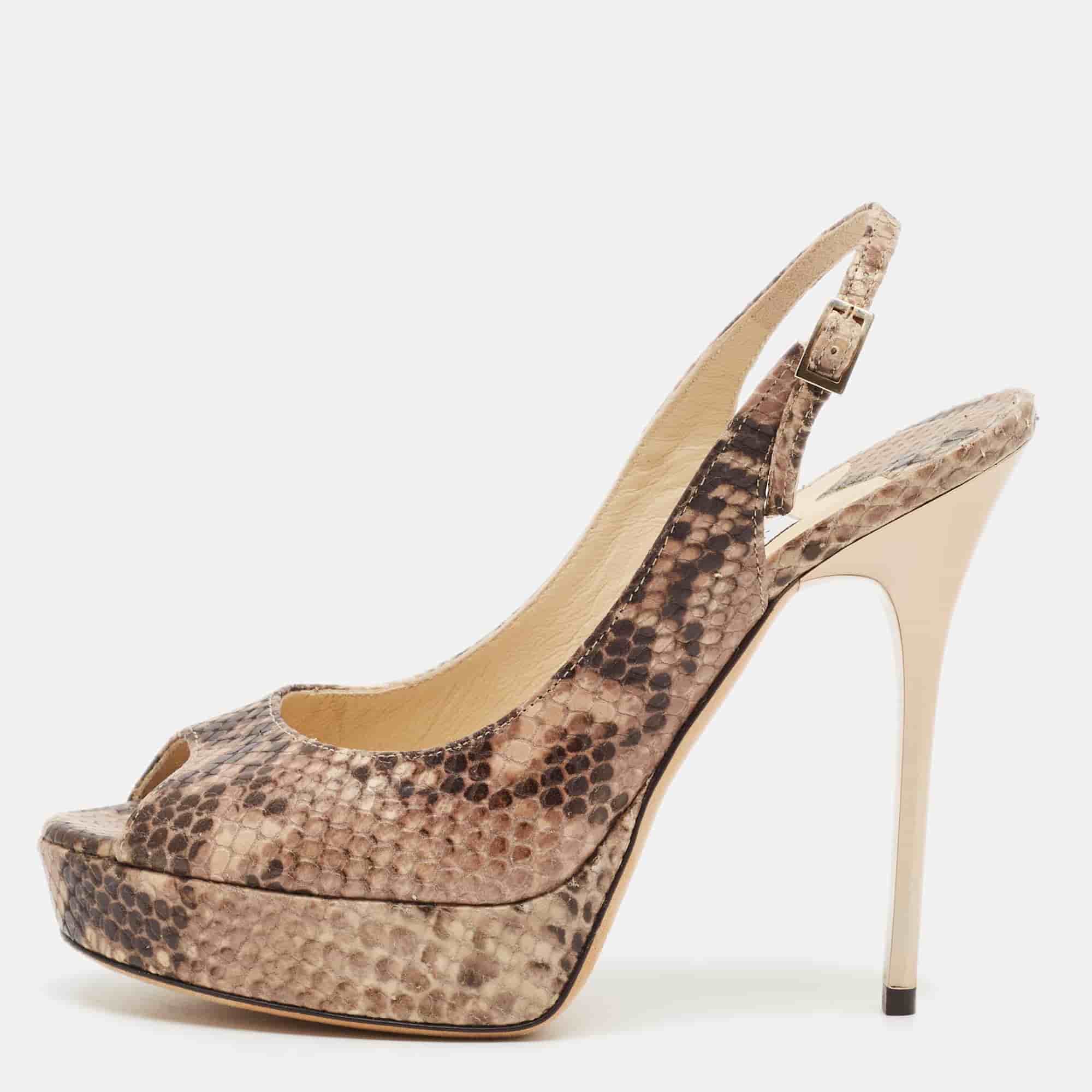 Jimmy Choo Nova Size 35 Brown/Beige Python Embossed Leather Slingback Pumps