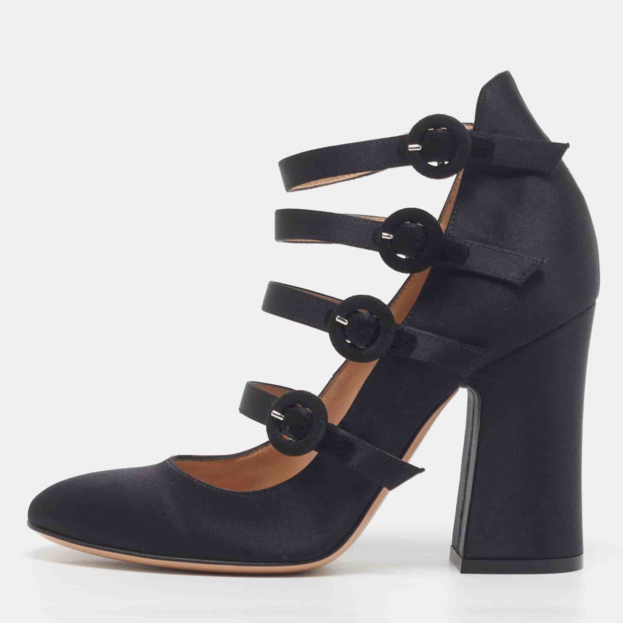 Gianvito Rossi Moret Size 35 Black Satin Strappy Block Heel Pumps