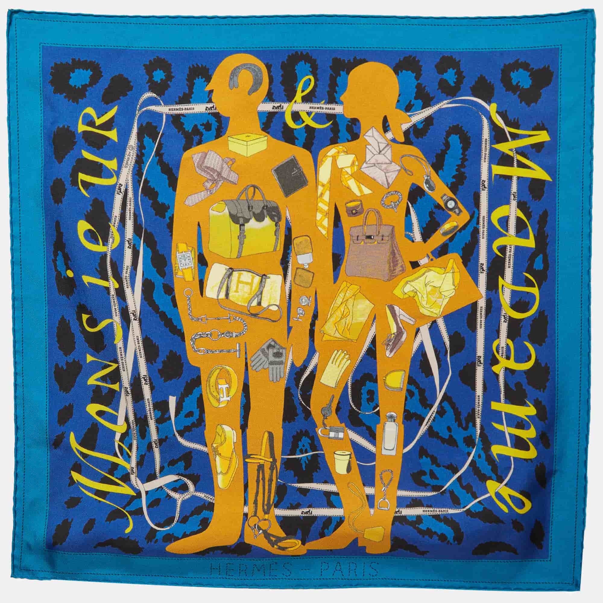 Hermes Blue Monsieur et Madame Gavroche Pocket Square Scarf