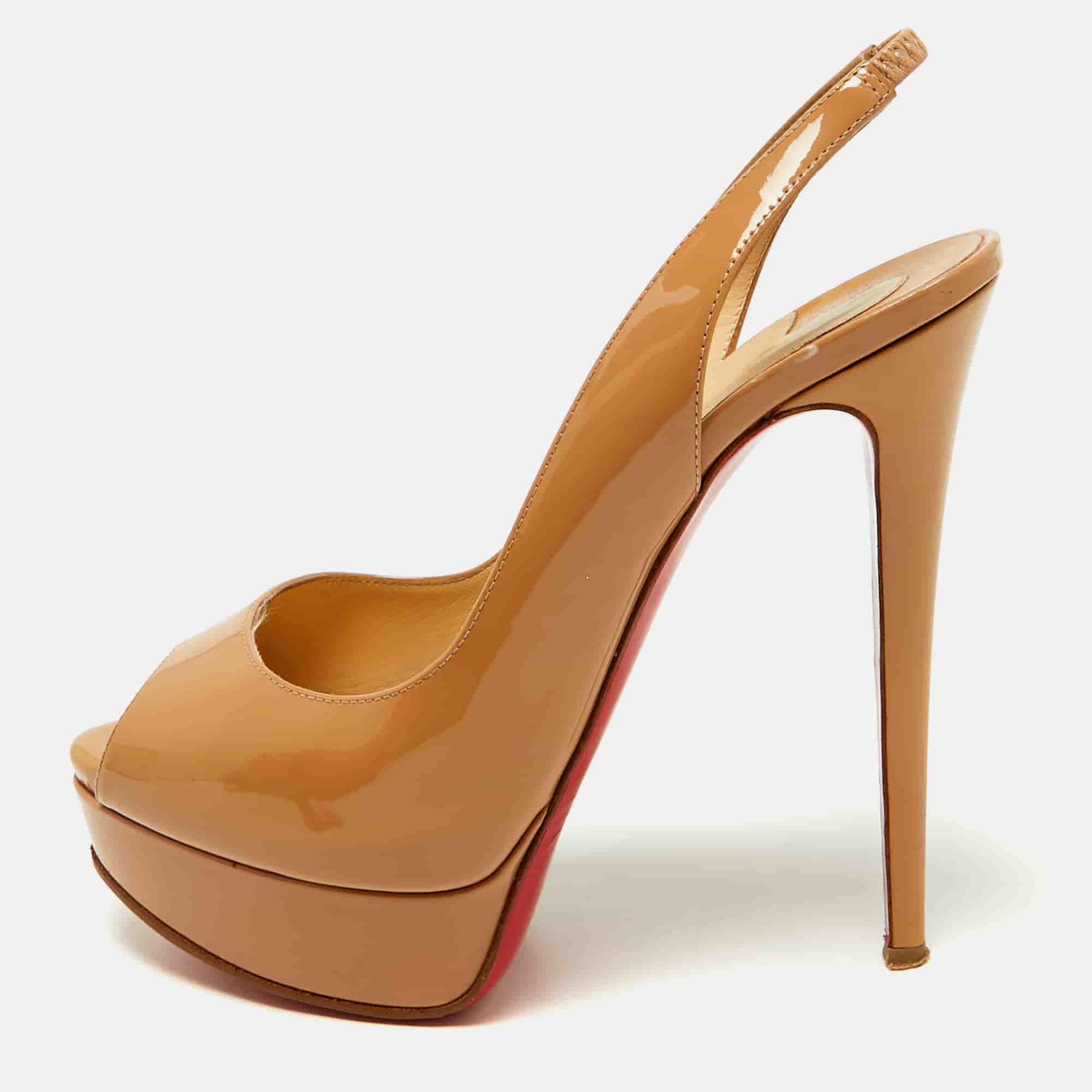 Christian Louboutin Lady Peep Size 38.5 Beige Patent Leather Platform Sandals