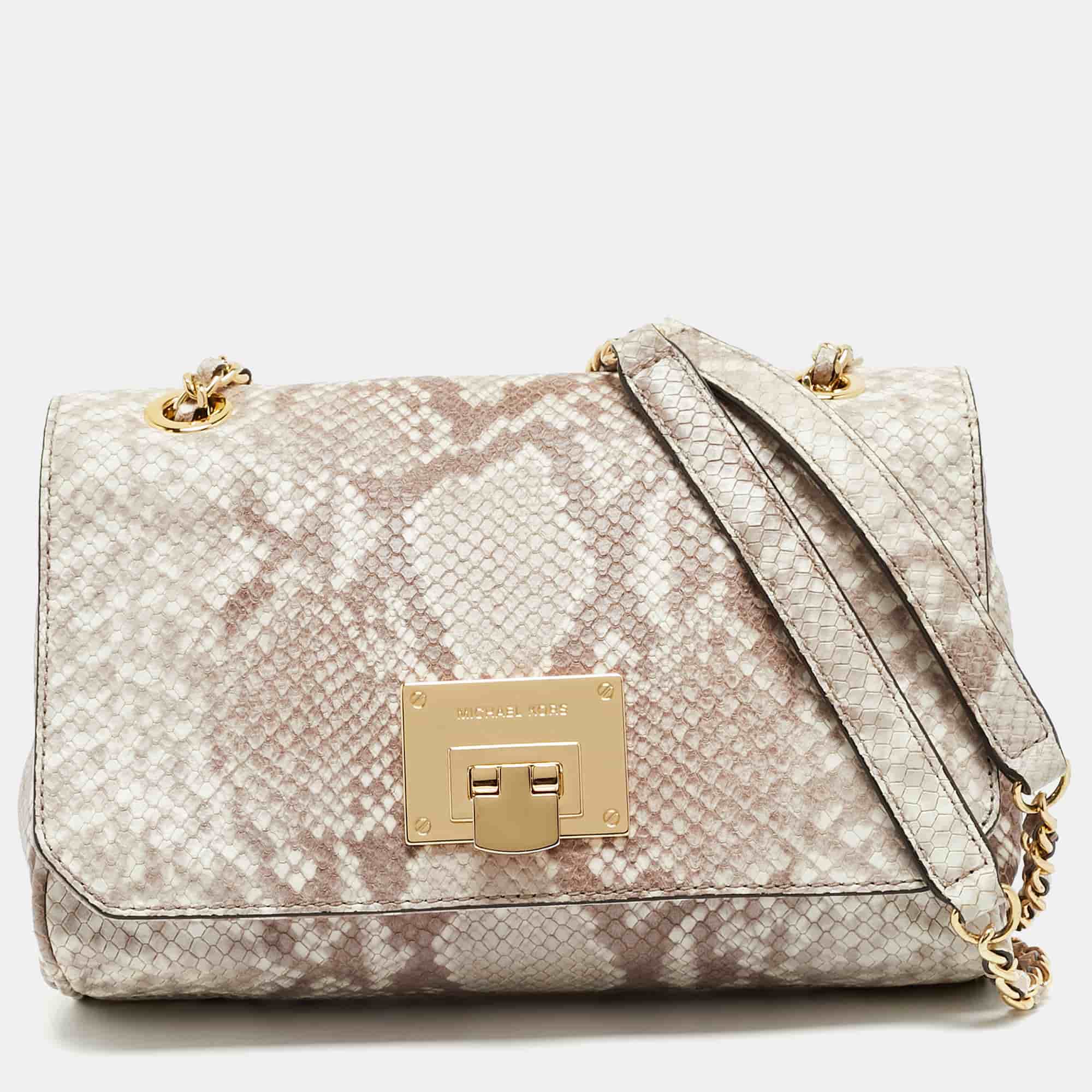 MICHAEL Michael Kors Vivianne Beige Python Embossed Leather Flap Shoulder Bag
