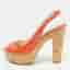 Prada Size 37 Orange Patent Leather Cork Platform Peep Toe Slingback Pumps