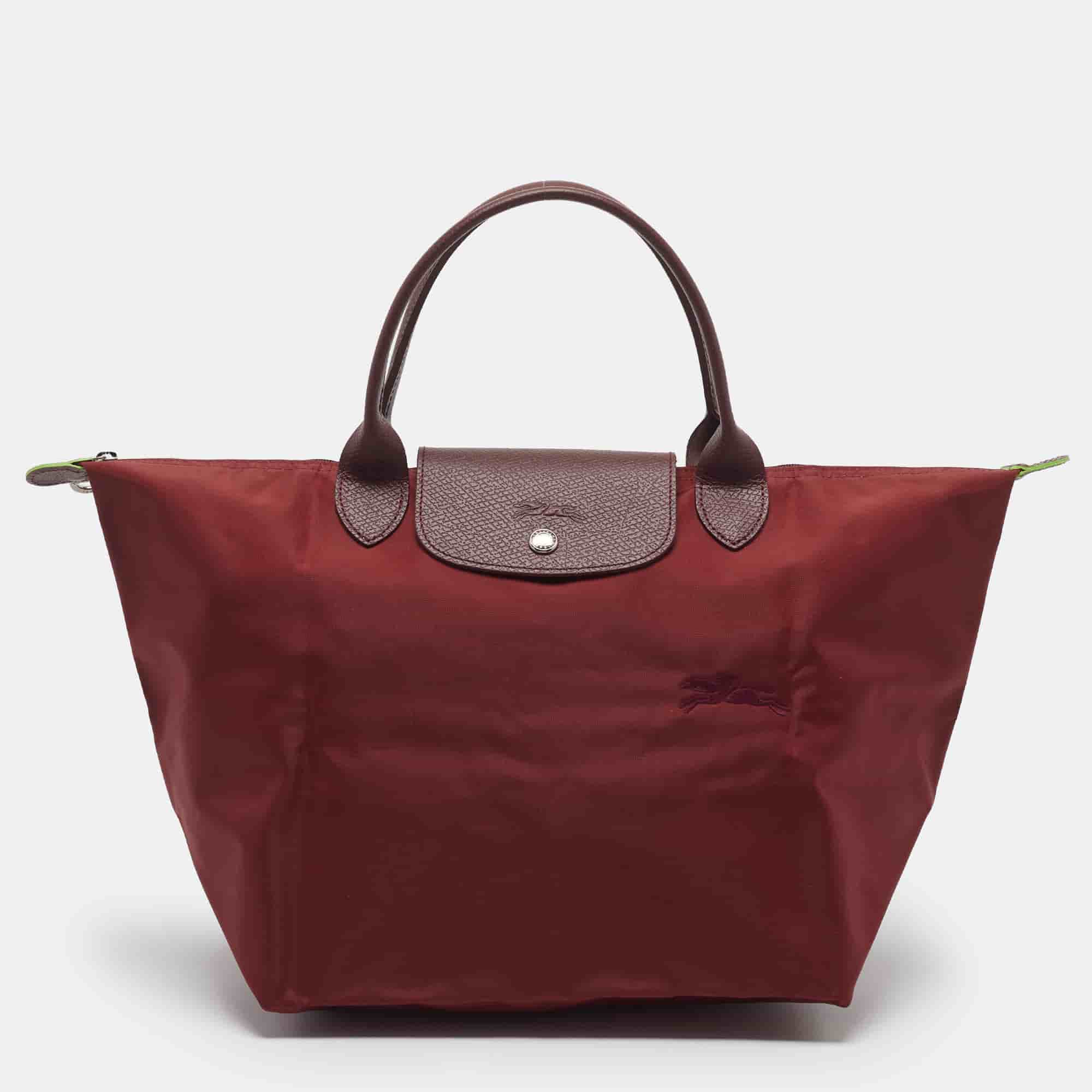 Longchamp Le Pliage Medium Burgundy Nylon and Leather Tote