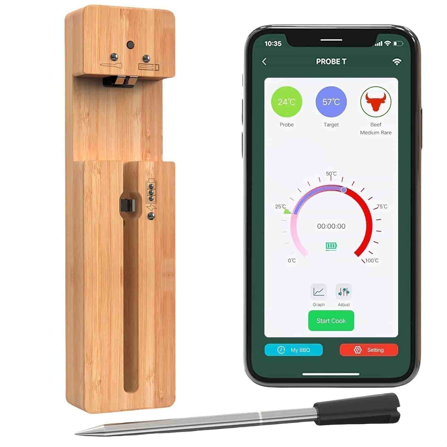 Digital Termometer för Kött med Bambuställ och Rostfri Probe – Trådlös