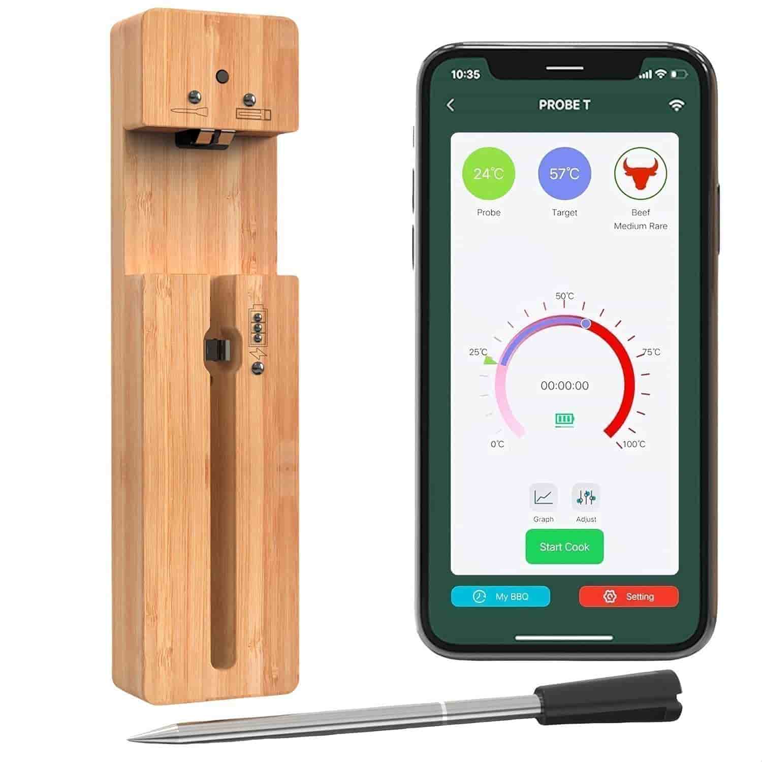 Digital Termometer för Kött med Bambuställ och Rostfri Probe – Trådlös