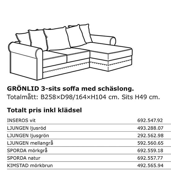 Grönlid 3-sits soffa - grå klädsel