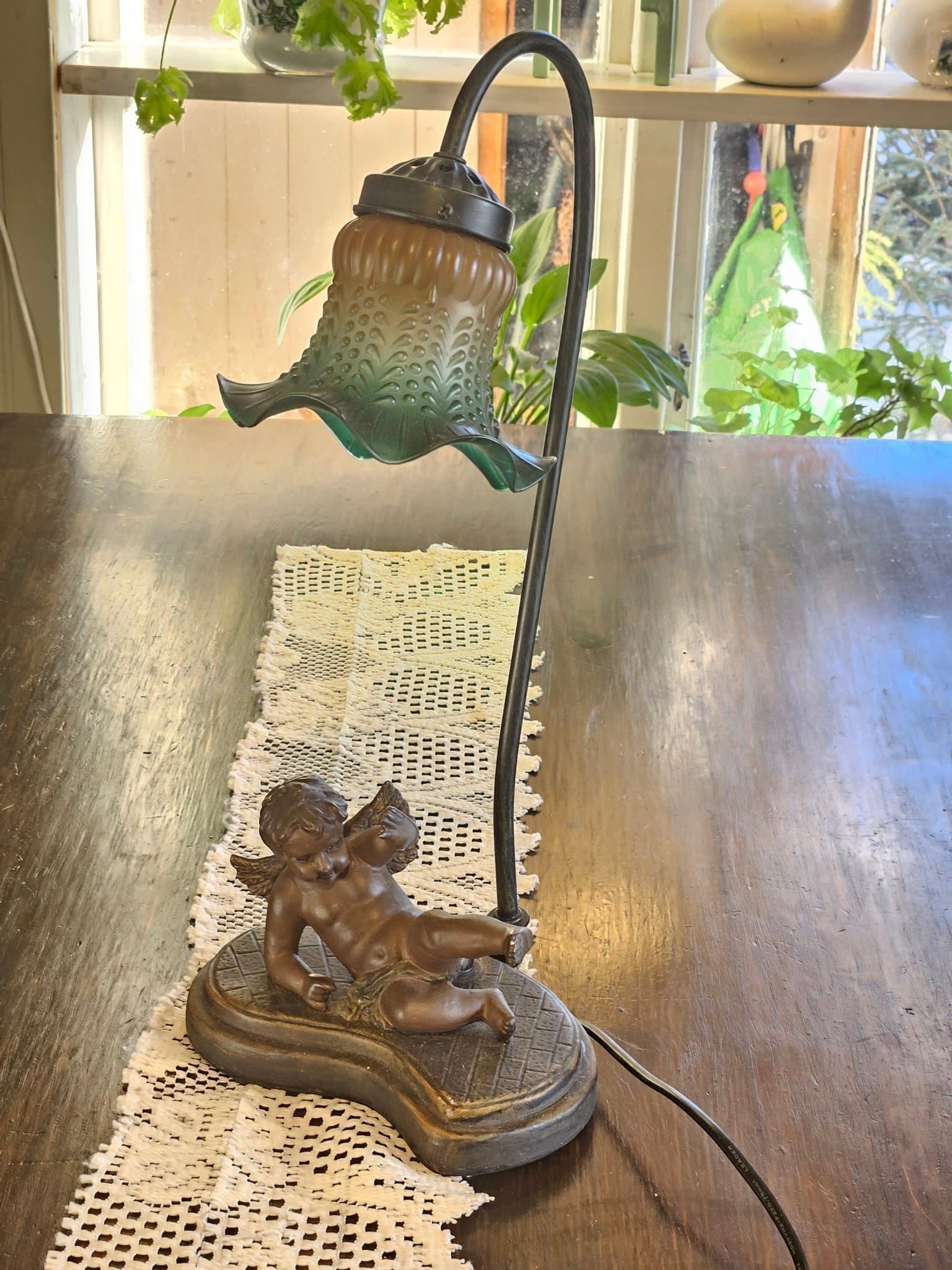 Bordslampa jugendstil med grön/ brun skärm