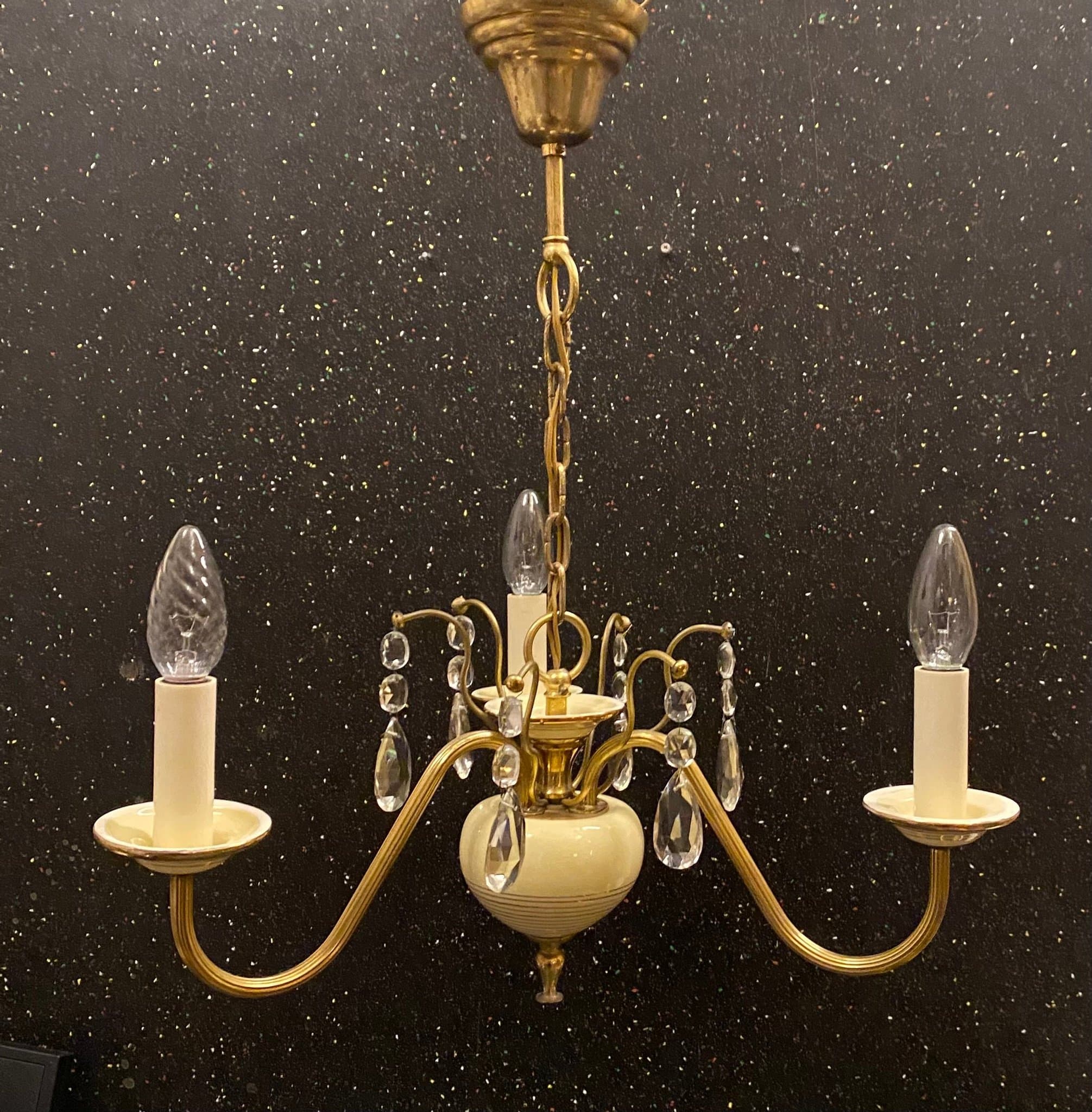 Vintage 3-armad taklampa i mässing med porslin