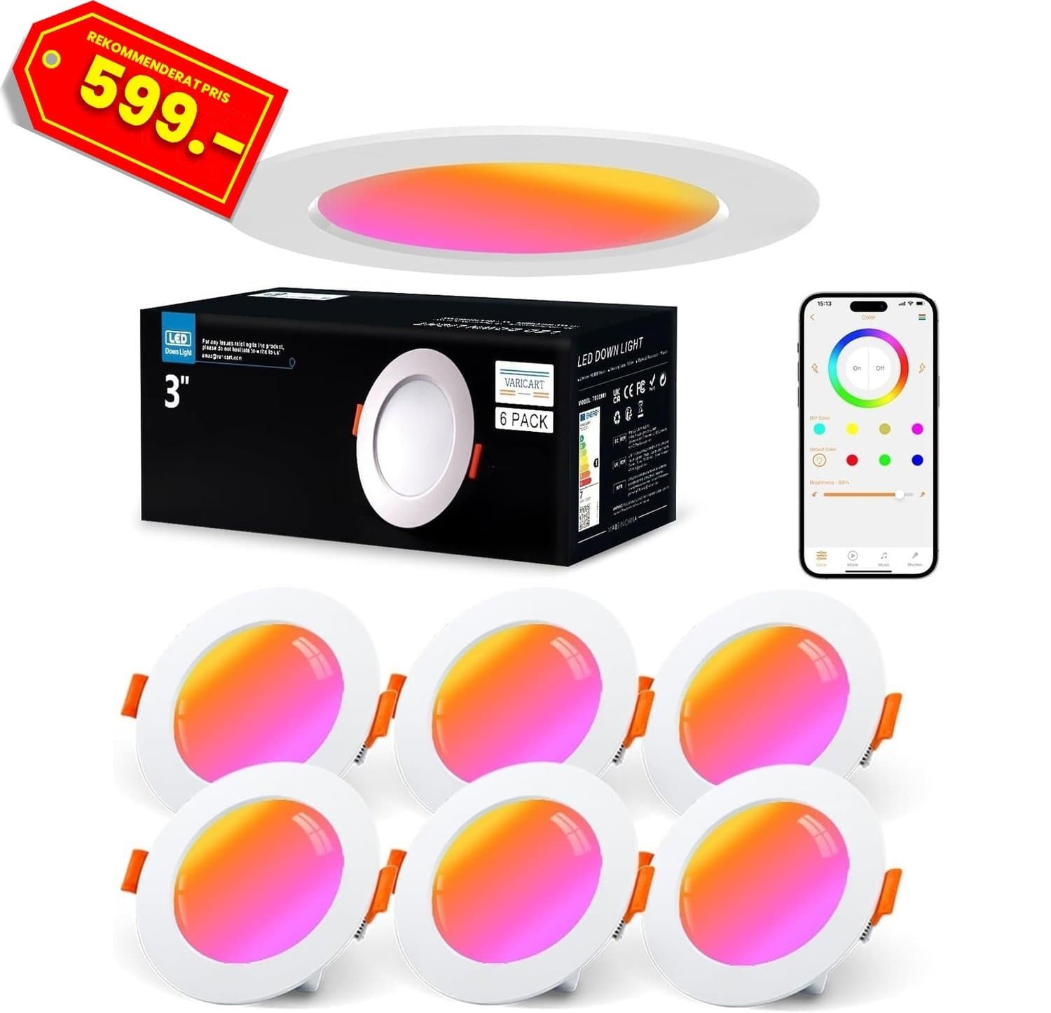 6x NYA Infällda dimbara LED-spotlights • Alexa • 7 W • RGB • 5000k • 660 lm •App