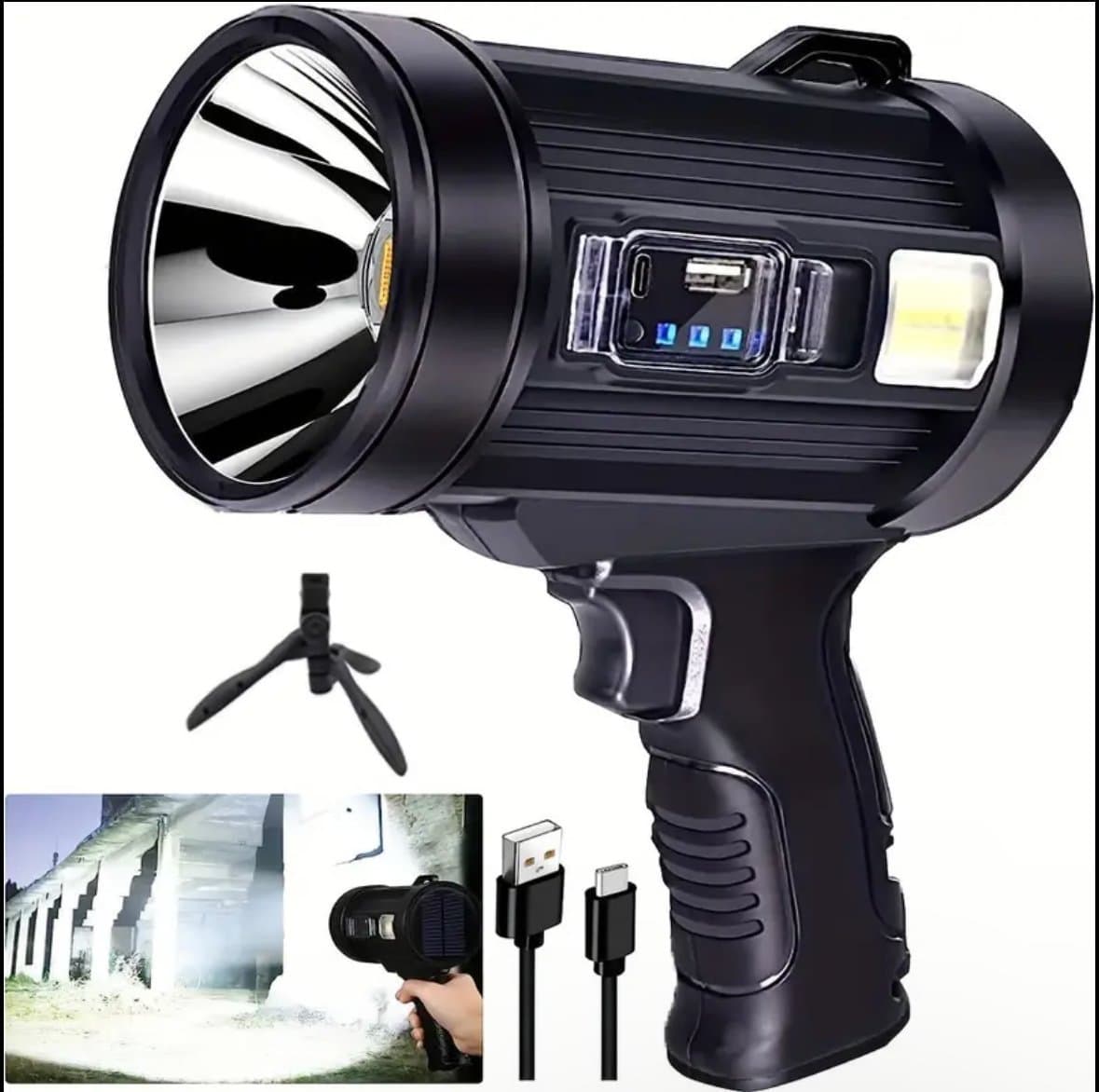 Uppladdningsbar LED Spotlight 4500mAh – Superstark med USB & Solcell