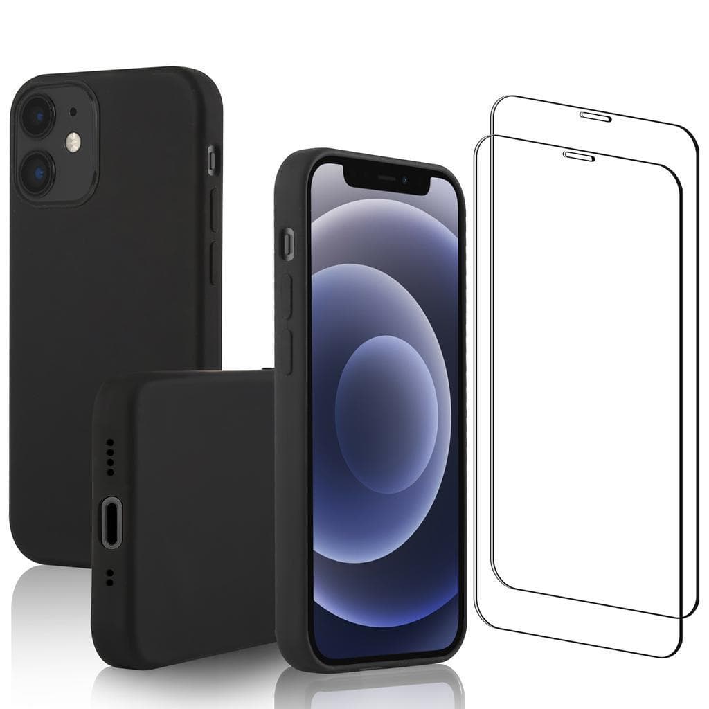 Case iPhone 12 mini and 2 protective screens - Silicone - Black
