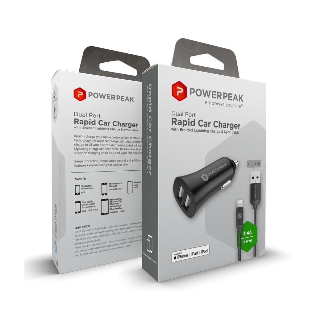 Powerp Rapid Vehicle Dual Port Charger With 4ft. Braided Lightning Charge & Sync Cable Smartphone Accessories
