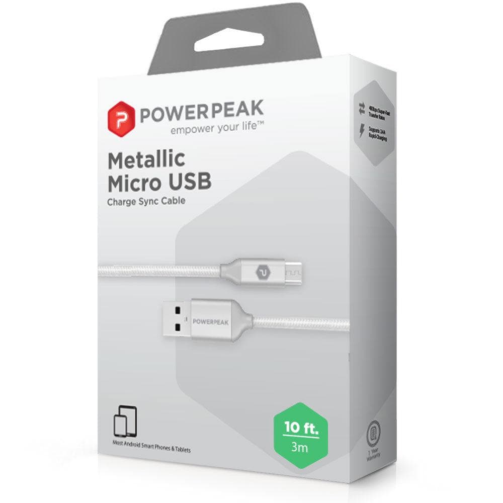 Powerp Braided Nylon Metallic Micro USB Charge & Sync Cable 10Ft Smartphone Accessories