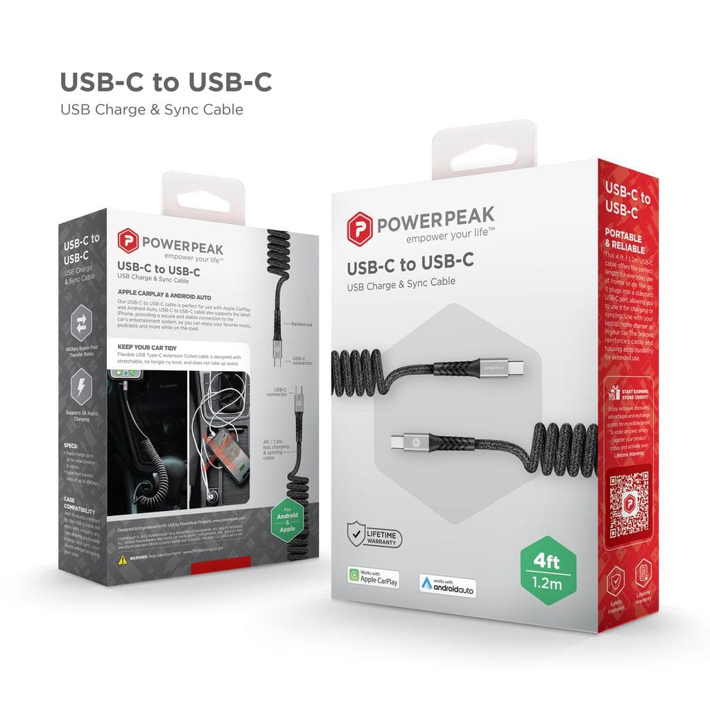Powerp Type C To C Coiled Charge & Sync Cable - 4ft Cable