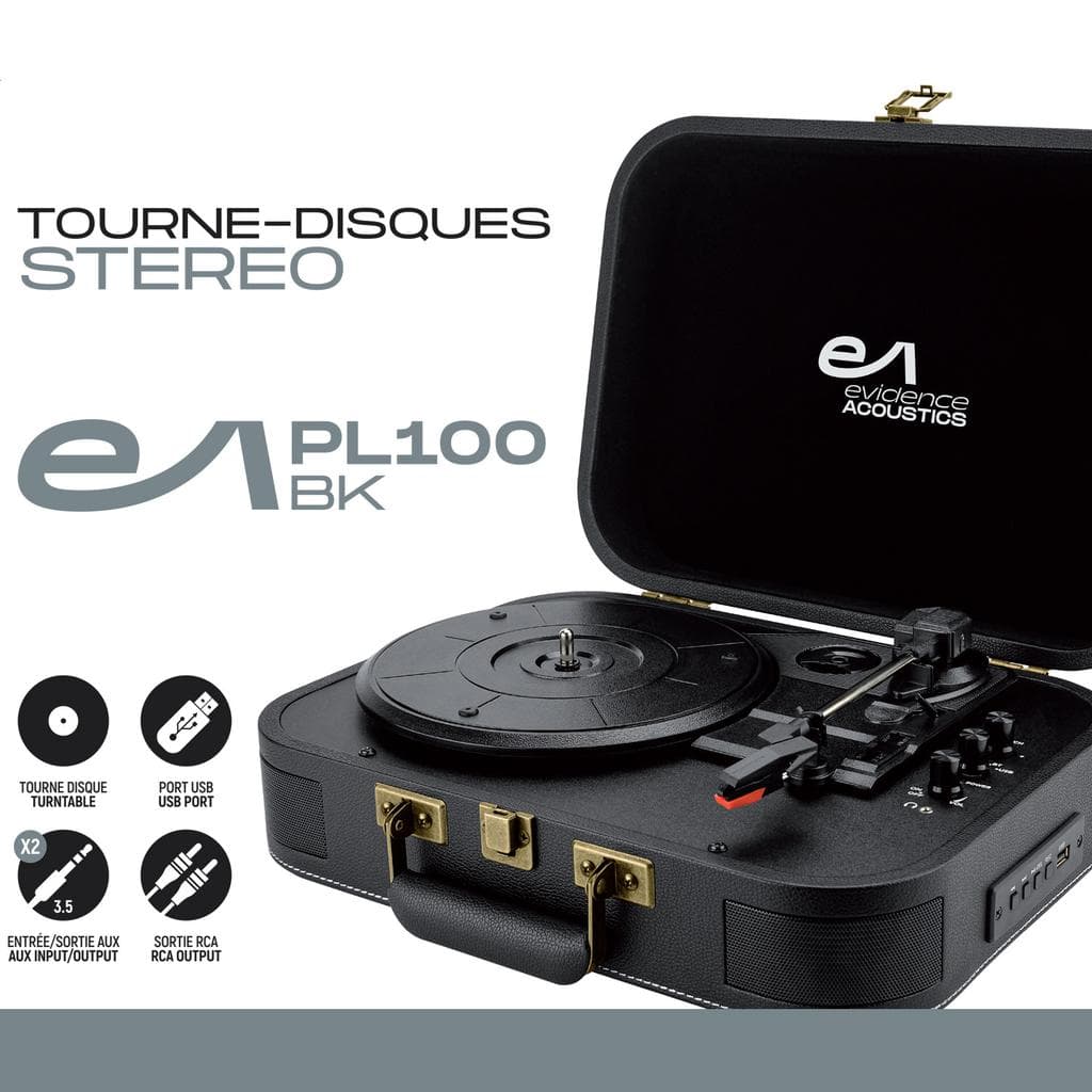 Platine Vinyle Evidence Acoustics Tourne-disque Vinyle EA-PL100-BK - Haut-parleurs intégrés 20 watts PMPO - 33, 45 et 78 tours - Bluetooth, USB+Clé US