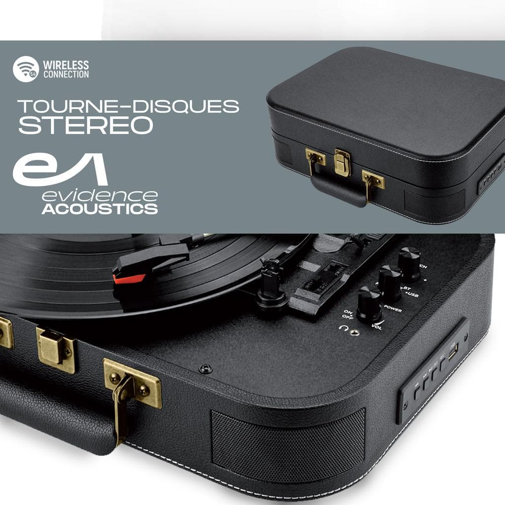 Platine Vinyle Evidence Acoustics Tourne-disque Vinyle EA-PL100-BK - Haut-parleurs intégrés 20 watts PMPO - 33, 45 et 78 tours - Bluetooth, USB+Clé US