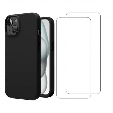 Coque iPhone 15 et 2 écrans de protection - Silicone - Noir