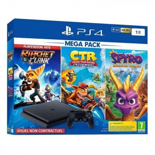 PlayStation 4 Slim 1000GB - Noir + Crash Team Racing + Spyro Reignited Trilogy + Ratchet & Clank
