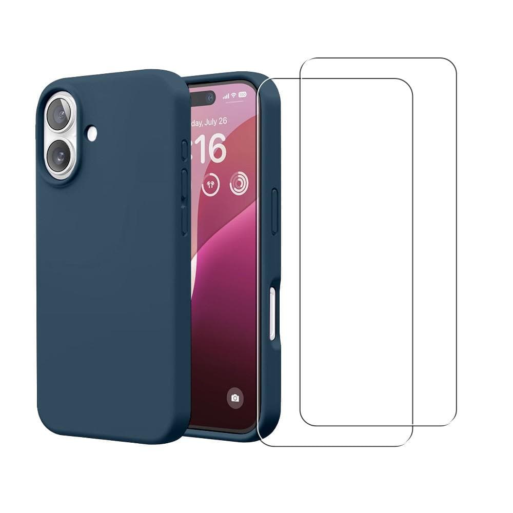 Coque iPhone 16 et 2 écrans de protection - Silicone - Bleu
