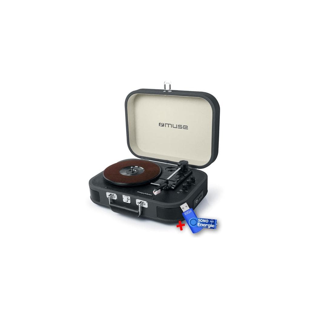 Platine Vinyle Muse Platine vinyle stéréo Noire 33/45/78 tours avec enceintes intégrées - USB/SD/AUX - Prise casque+clé USB 32Go