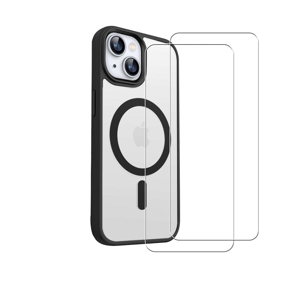 Coque iPhone 14 et 2 écrans de protection - TPU - Noire et transparente