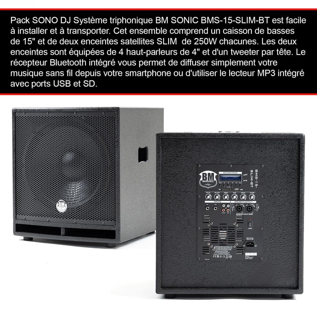 Enceintes sono Bm Sonic Système Sonorisation Complet 1200W Enceintes DJ, ENORME SUB 38cm USB/Bluetooth, 2 MICROS, Fête de la Musique, Mariage, Baptême