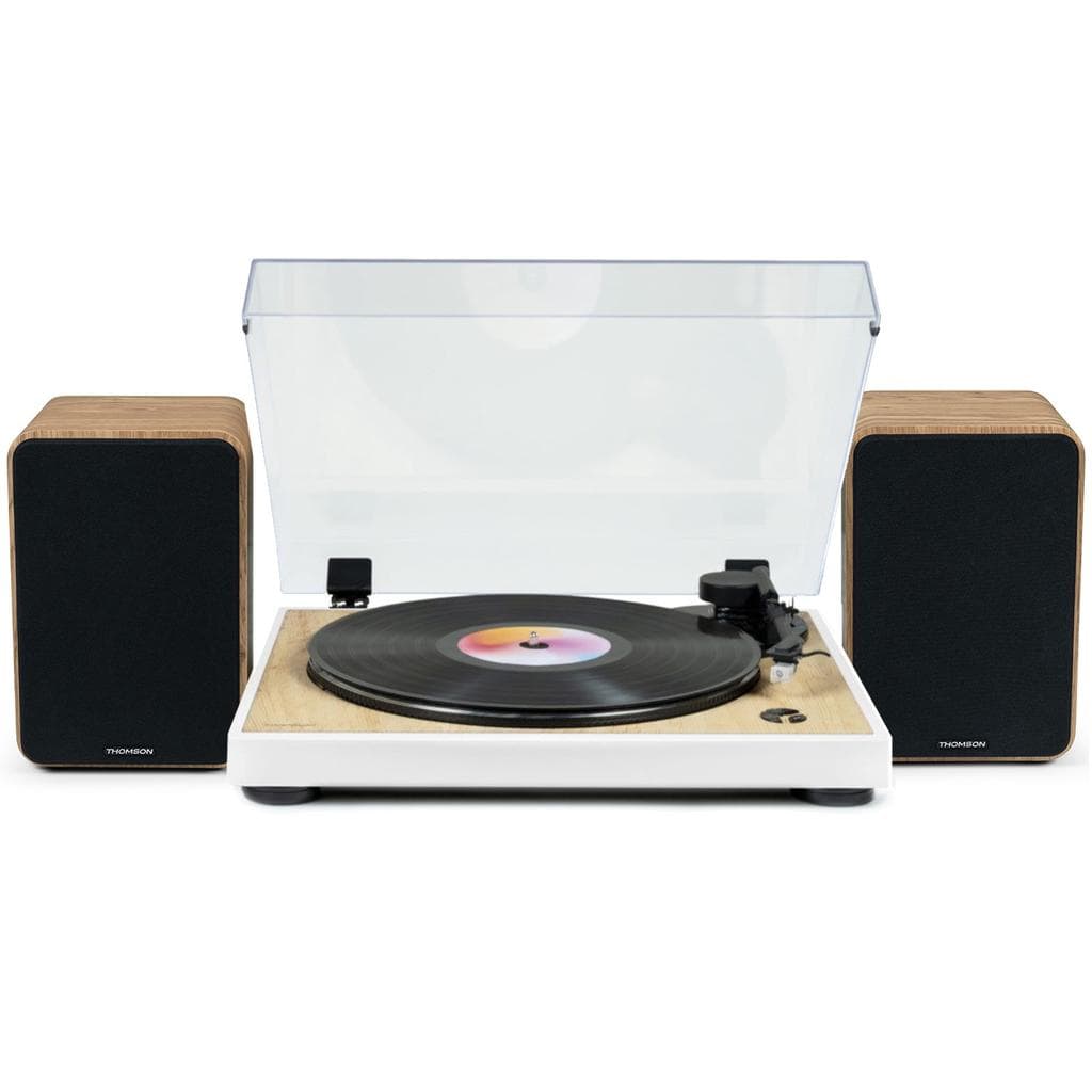 Platine Vinyle Tourne Disque Pré-amplifié Thomson TT301 Finition BOIS/Blanc - 33/45 tours, Lecture et retour du bras auto. Enceintes Bois 100W