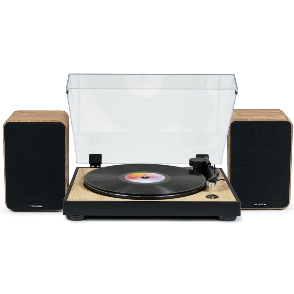 Platine Vinyle Tourne Disque Pré-amplifié Thomson TT300 Finition BOIS/NOIR - 33/45 tours, Lecture et retour du bras auto. Enceintes Bois 100W