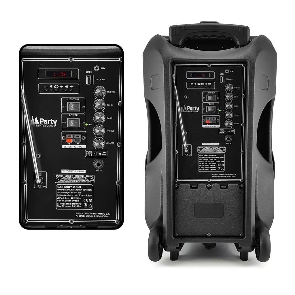 Enceinte Bluetooth Party Sound & Light Enceinte sono DJ PARTY KARAOKE 800W Batterie Disco Mobile 15" à LED RGB USB/MICRO SD/Bluetooth / RADIO FM + Mic