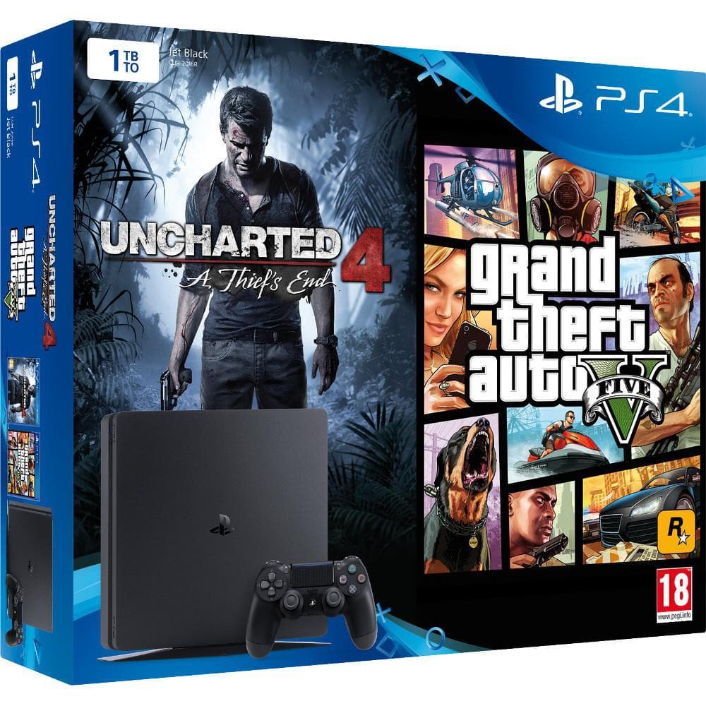PlayStation 4 Slim 1000GB - Noir + Uncharted 4: A Thief ́s End + Grand Theft Auto V