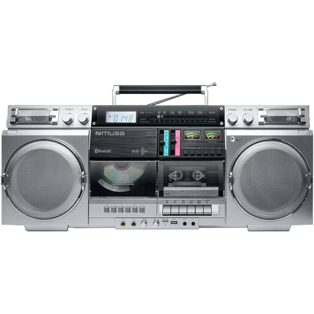 Enceinte Bluetooth MUSE M-380GBS Boombox Cassettes rétro avec Lecteur CD, AUX et Bluetooth, Compatible Smartphone, enregistreur Cassette - Gris