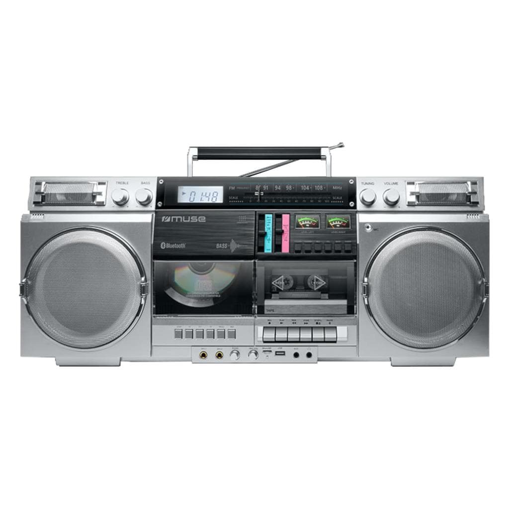 Enceinte Bluetooth MUSE M-380GBS Boombox Cassettes rétro avec Lecteur CD, AUX et Bluetooth, Compatible Smartphone, enregistreur Cassette - Gris