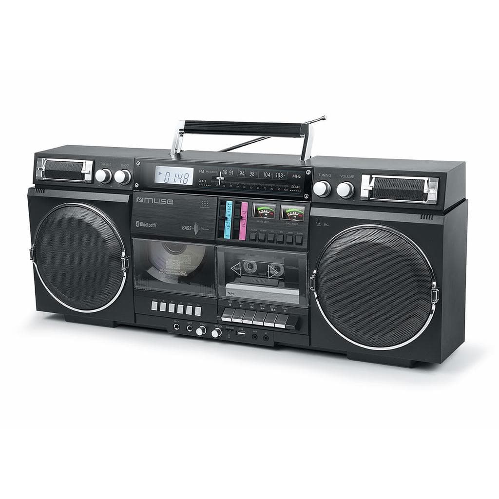 Enceinte Bluetooth MUSE M-380GBS Boombox Cassettes rétro avec Lecteur CD, AUX et Bluetooth, Compatible Smartphone, enregistreur Cassette - Gris