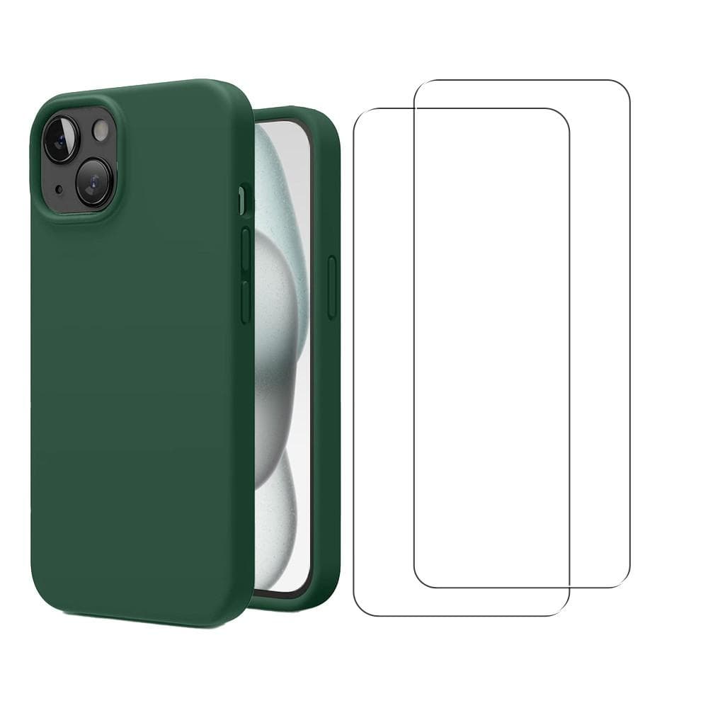 Coque iPhone 15 et 2 écrans de protection - Silicone - Vert