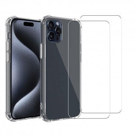 Coque iPhone 15 Pro Max et 2 écrans de protection - TPU - Transparent