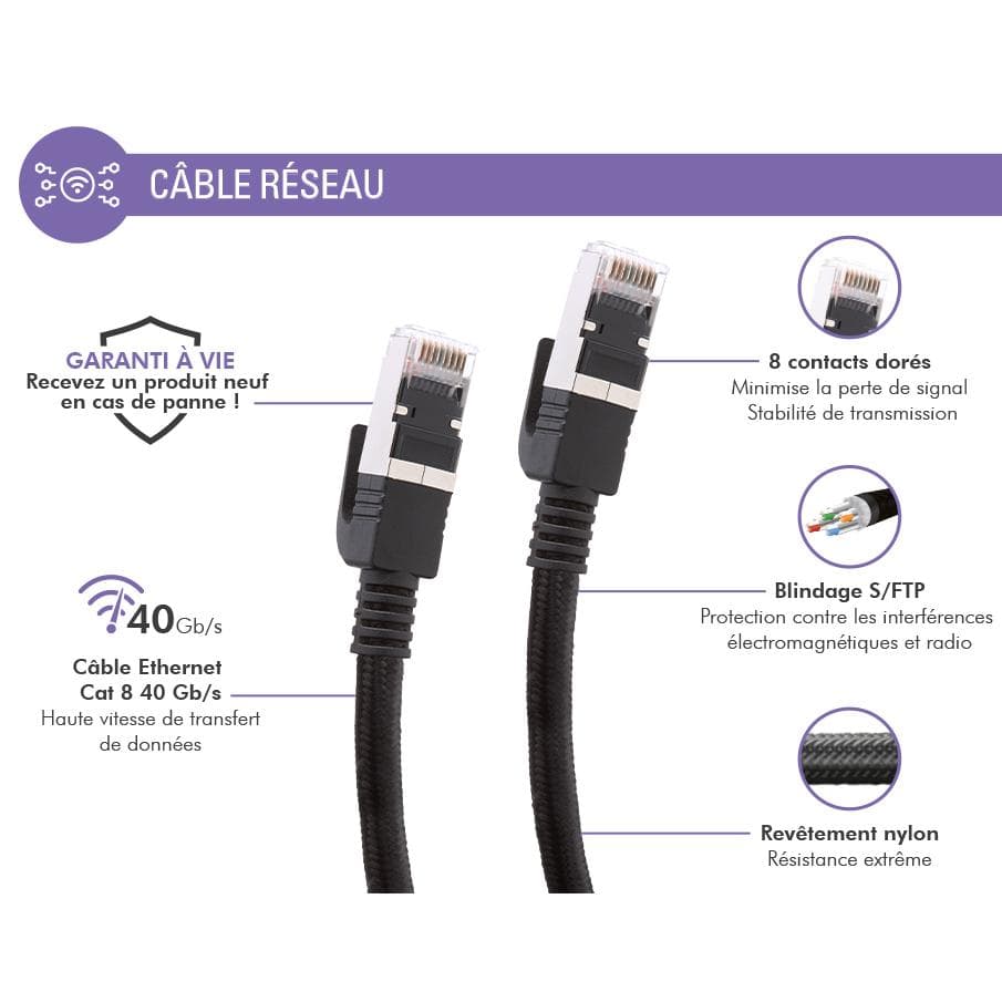 Accesoire TV Câble Tressé RJ45 Ethernet CAT8 S/FTP 10m mâle/mâle Noir + Garantie à vie Force Power Lite