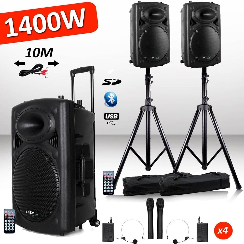 Enceintes sono Ibiza Sound Système Actif Amplifié Batterie 1400W Port12 VHF Sonorisation karaoké Musiciens DJ USB Bluetooth Mobile + Pieds