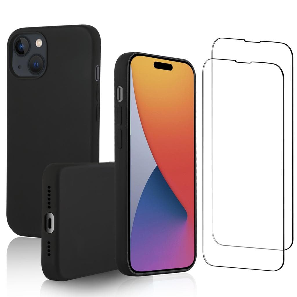 Coque iPhone 15 Plus et 2 écrans de protection - Silicone - Noir