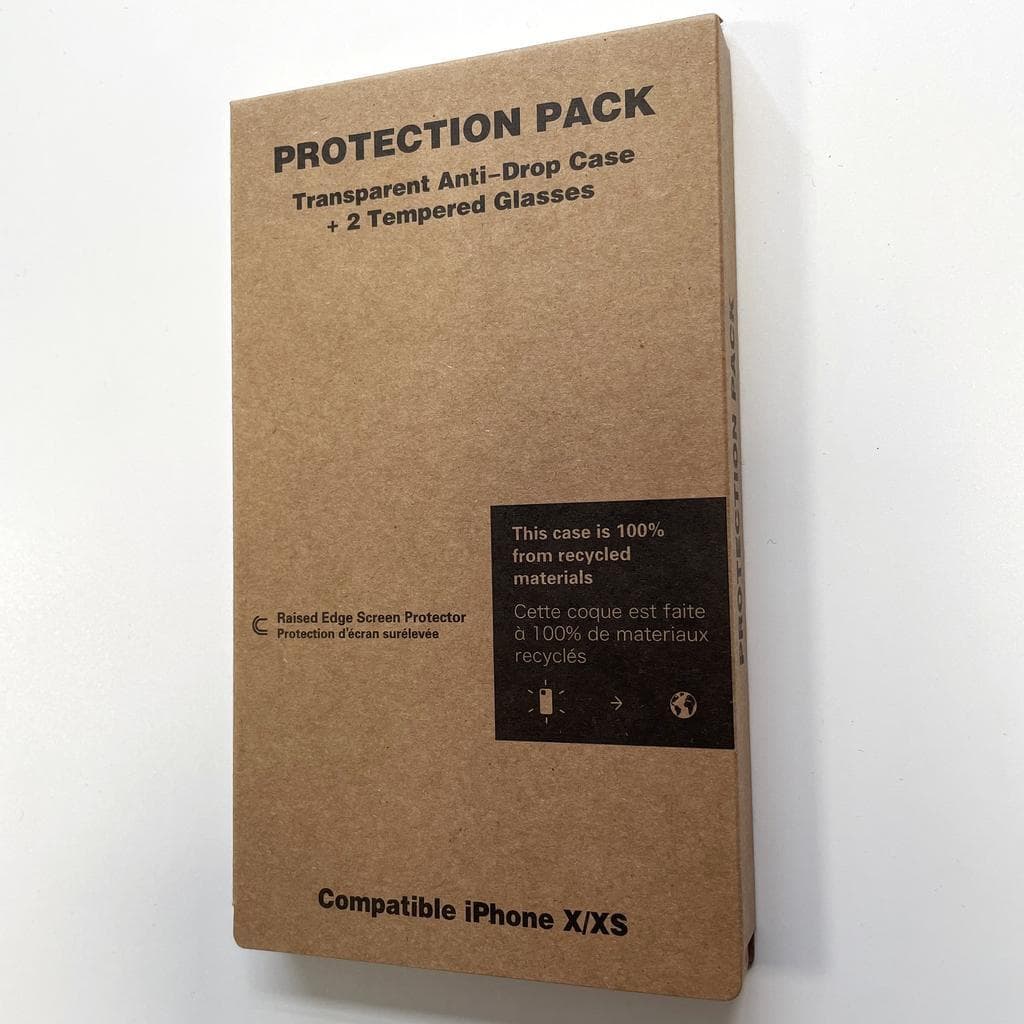 Coque iPhone X/iPhone XS et 2 écrans de protection - Plastique recyclé - Transparent