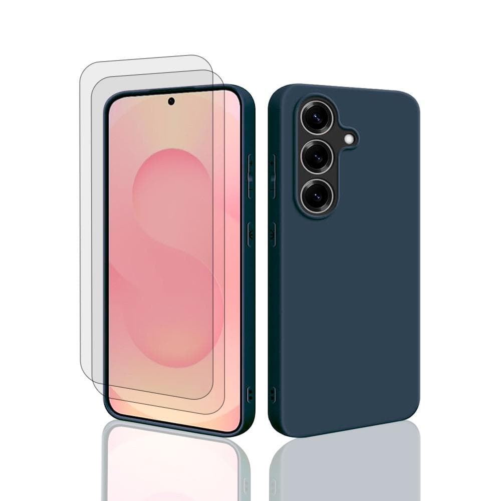 Coque Galaxy S25 et 2 écrans de protection - Silicone - Bleu