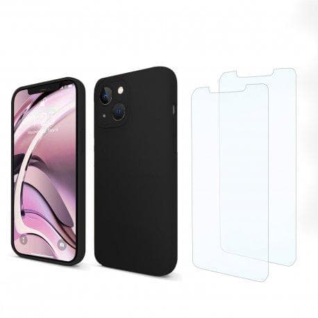 Coque iPhone 13 mini et 2 écrans de protection - Silicone - Noir
