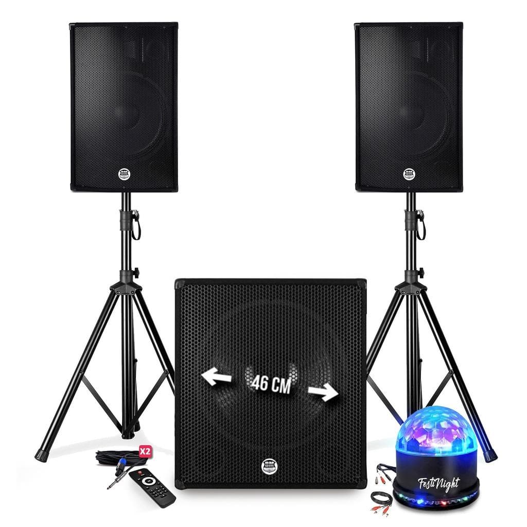 Enceintes sono Pack sonorisation DJ PRESTATIONS BM SONIC 2500W - Enceintes DJ 15" +Caisson 15" + Pieds - USB/BLUETOOTH, Pack 3 Jeux de lumières