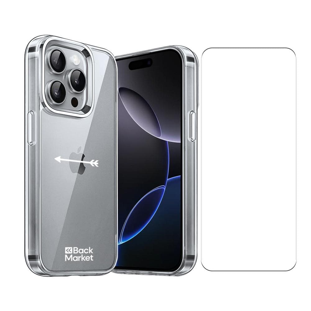 Coque Back Market iPhone 16 Pro Max et écran de protection - Plastique 60% recyclé - Transparent