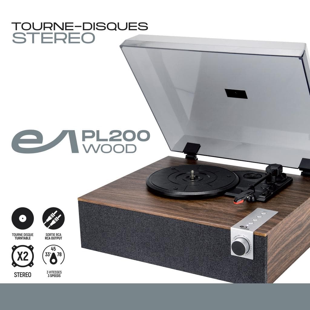 Platine Vinyle Tourne-disque Vinyle Evidence Acoustics EA-PL200-WOOD Haut-parleurs intégrés 40W PMPO - 33, 45 et 78 tours - Bluetooth, OVNI LED
