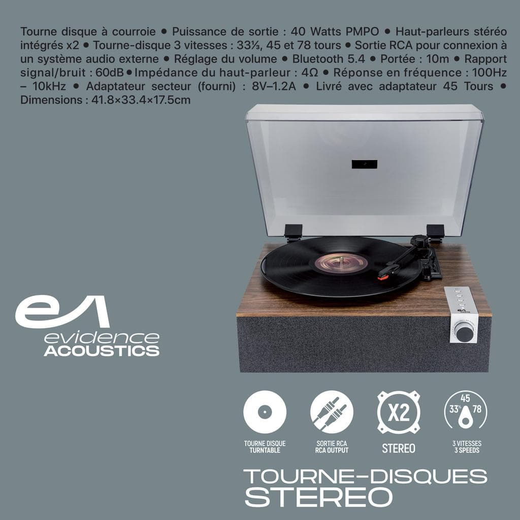 Platine Vinyle Tourne-disque Vinyle Evidence Acoustics EA-PL200-WOOD Haut-parleurs intégrés 40W PMPO - 33, 45 et 78 tours - Bluetooth, OVNI LED