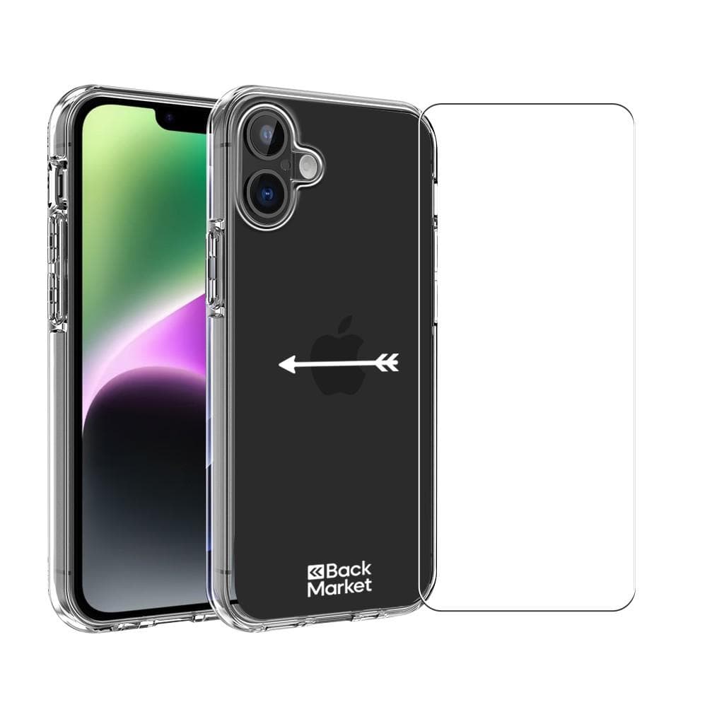 Coque Back Market iPhone 16 et écran de protection - Plastique 60% recyclé - Transparent