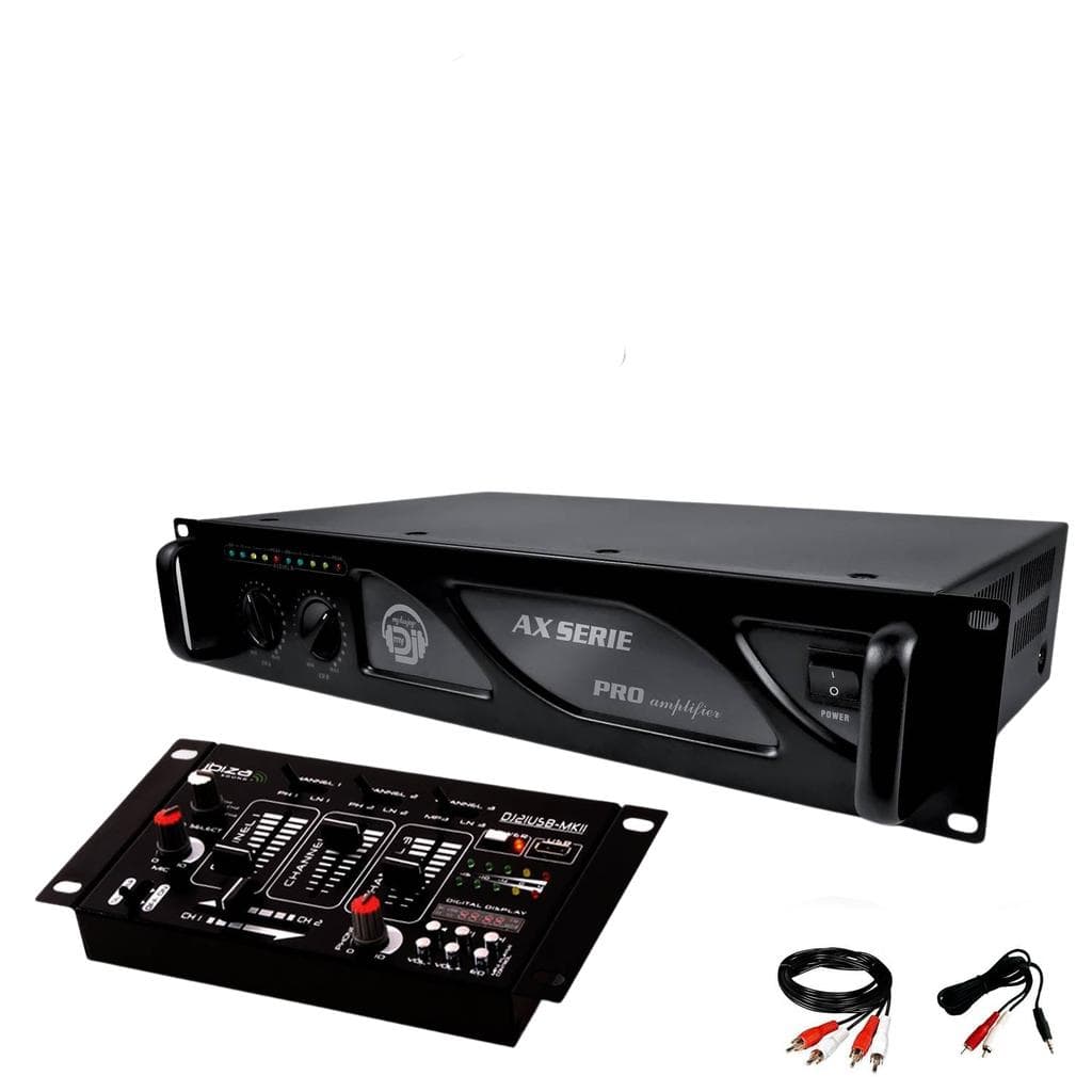 Amplificateur Ibiza Sound Amplificateur sono 2 x 500W MY DEEJAY AX-1000 MyDj + Table de mixage DJ21 4 voies 7 entrées + USB